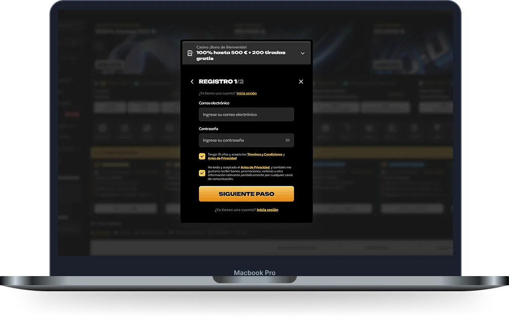Spinsy Casino formulario de registro con bono de bienvenida