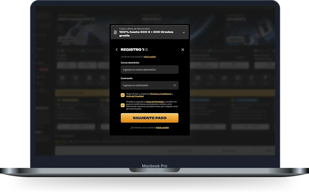 Spinsy: primer paso del registro con email, contraseña y bono de bienvenida