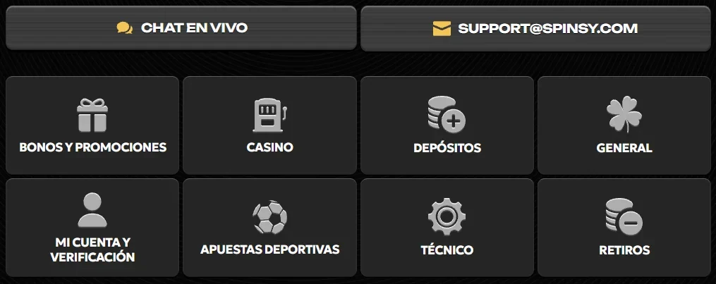 Spinsy: centro de ayuda con chat en vivo, email y categorías de soporte